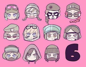 6+girls :&lt; :3 :o baseball_cap beanie beret black_mask blonde_hair blue_eyes blush_stickers braid brown-framed_eyewear brown_hair brown_hat cabbit character_request closed_eyes closed_mouth commentary_request copyright_request expressionless eyewear_on_head facepaint fangs frown glasses goggles goggles_on_headwear green_hair green_hat green_hood grey-framed_eyewear grey_hat grey_hood hat head_only headphones headphones_over_headwear headpiece light_smile long_hair low_twin_braids marking_on_cheek mask military_hat mole mole_under_eye mouth_mask multicolored_hair multiple_girls open_mouth pink-tinted_eyewear pink_background purple_eyes red_hair round_eyewear short_hair simple_background single_braid smile straight-on streaked_hair sunglasses terada_tera tinted_eyewear twin_braids v-shaped_eyebrows white_hair white_hood