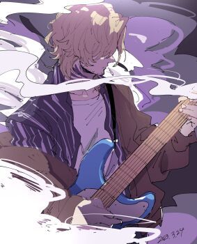 Rule 34 | 1boy, band yarouze!, blonde hair, brown jacket, closed mouth, collarbone, commentary request, guitar, highres, holding, holding guitar, holding instrument, instrument, jacket, male focus, music, nekoma hikaru, playing guitar, playing instrument, rafael (band yarouze), shirt, short hair, smoke, solo, sparse stubble, striped clothes, striped shirt, white shirt