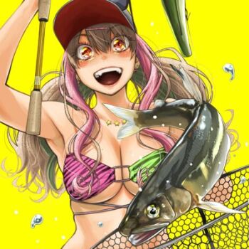 1girl bikini blonde_hair eyewear_on_head fish fishing_net fishing_rod funatsu_kazuki green_bikini gyaru hashtag-only_commentary holding holding_fishing_rod jewelry lowres multicolored_bikini multicolored_hair necklace orange_eyes original pink_bikini pink_hair salmon swimsuit twintails two-tone_bikini two-tone_hair yellow_background