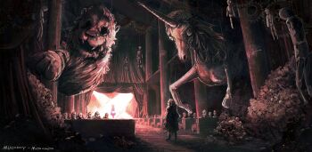 1boy 1girl absurdres armor armored_boots artist_name black_cloak black_souls black_souls_2 blonde_hair blue_dress boots brain bulging_eyes chinese_commentary cloak curtains doll_alice_(black_souls) dress full_armor full_body gears grand_guignol_(black_souls) grimm_(black_souls) hanging helm helmet highres hollow_eyes indoors lion long_hair looking_ahead looking_at_another mannequin muddy_mood pew pile_of_skulls pillar scenery skeleton skull spoilers stage stage_curtains stage_lights standing statue string theater turning_head unicorn wide_shot