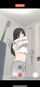 1girl absurdres bathroom black_hair blush bra breasts closed_eyes clothes_lift dolphin_shorts drawstring embarrassed faucet female_focus grey_shorts heart highres indoors japanese_text long_hair navel older_sister original paid_reward_available phone recording samidare_(hoshi) shirt shirt_lift shorts sidelocks sink small_breasts solo standing timestamp toothbrush underwear undressing variant_set viewfinder voyeur_pov voyeurism white_bra white_shirt