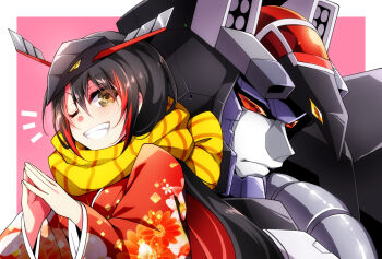 1girl black_hair border choujuu_kishin_dancouga couga_(robot_girls_z) dancouga dancouga_(series) japanese_clothes kimono long_hair mecha multicolored_hair one_eye_closed own_hands_together pink_background red_hair red_kimono robot robot_girls_z scarf shapiro streaked_hair super_robot white_border yellow_scarf