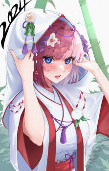 1girl 2024 alternate_costume alternate_hairstyle blue_eyes blush bride commentary_request go-toubun_no_hanayome hair_ornament hair_ribbon hands_up highres hooded_kimono japanese_clothes kimono looking_at_viewer nakano_nino open_mouth purple_ribbon red_hair ribbon shiromuku short_hair short_sleeves solo uchikake upper_body white_kimono wide_sleeves zr04