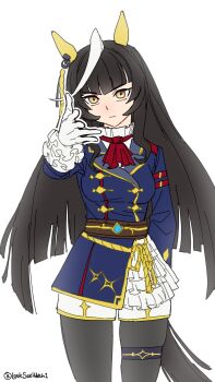 1girl ahoge animal_ears ascot belt black_hair black_thighhighs blue_coat breasts brown_belt calstone_light_o_(one_true_path)_(umamusume) calstone_light_o_(umamusume) closed_mouth coat cowboy_shot dyed_ahoge ear_covers expressionless frilled_sleeves frills gloves highres horse_ears horse_girl horse_tail kej3516 long_hair long_sleeves looking_at_viewer medium_breasts meme red_ascot shorts simple_background solo tail thighhighs umamusume white_background white_gloves white_hair white_shorts woe_plague_be_upon_ye_(meme) yellow_eyes