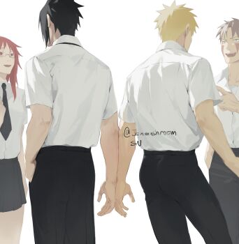 1girl 3boys absurdres black_hair black_necktie black_pants black_skirt blonde_hair breasts brown_hair collared_shirt cowboy_shot facial_mark facing_away from_behind glasses highres inuzuka_kiba jenmushroom karin_(naruto) long_hair looking_at_another medium_breasts multiple_boys naruto_(series) naruto_shippuuden necktie open_mouth pants parted_bangs pleated_skirt red_eyes red_hair school_uniform shirt short_hair short_sleeves skirt smile spiked_hair twitter_username uchiha_sasuke uzumaki_naruto white_background white_shirt