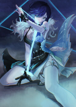 1girl aiueonesan_(umanaminoatama) armlet black_dress black_gloves black_shoes blue_dress blue_hair bracelet breasts dress feather_boa genshin_impact gloves green_eyes jewelry looking_at_viewer multicolored_dress official_alternate_costume shoes short_hair single_glove solo squatting string thighlet wrist_cuffs yelan_(genshin_impact) yelan_(tranquil_banquet)_(genshin_impact)