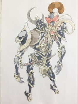 1girl all_fours animal_ears armor armor_stand armored_boots ass back_bow black_armor black_gloves black_leotard boots bow breastplate bunbuku_teapot closed_mouth commentary cuisses eye_mask full_armor gauntlets gloves greaves helmet high_ponytail highres japanese_armor kabuto_(helmet) katana leotard long_hair mask o-ring one_eye_closed partially_fingerless_gloves peter_salt ponytail raccoon_ears raccoon_girl raccoon_tail red_bow rerebrace sheath sheathed shoulder_armor smile solo sword tail tanuki traditional_media unworn_armor weapon white_background