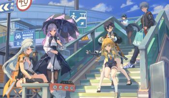 1boy 5girls absurdres accessories aizhimi animal_ear_fluff animal_ears armband ascot asymmetrical_gloves bag belle_(delicate_sunlight)_(zenless_zone_zero) belle_(zenless_zone_zero) belt belted_skirt black_choker black_hair black_pants black_pantyhose black_shirt black_skirt black_unitard blonde_hair blue_jacket blue_shoes blue_sky blush bow bowtie breast_curtains breasts building chair chinese_clothes choker closed_mouth cloud colored_inner_hair commentary_request dress dress_over_shirt drill_hair earrings elbow_gloves ellen_joe ellen_joe_(on_campus) fingerless_gloves fins fish_tail gem gloves green_eyes grey_hair grey_shirt hair_between_eyes hair_ornament hairband hairpin hand_on_another&#039;s_ear hand_on_own_leg hand_on_table high-waist_shorts highres holding holding_bag holding_phone holding_umbrella jacket jewelry ju_fufu large_breasts letter_hair_ornament looking_at_another looking_down mole mole_under_eye multicolored_hair multiple_girls open_mouth orange_dress orange_fur outdoors pants pantyhose phone pointy_ears purple_ascot purple_bow purple_bowtie purple_gemstone purple_hair purple_hairband purple_umbrella razor_blade_hair_ornament red_eyes road road_sign scar scar_on_tail shark_girl shark_tail shirt shoes shopping_bag shorts shoulder_bag sign single_elbow_glove single_hair_intake single_thighhigh sitting skirt sky smile socks stairs striped_fur striped_hair table tail tail_ornament thigh_strap thighhighs tiger_ears tiger_girl tiger_stripes tiger_tail umbrella uneven_gloves vivian_banshee white_hair white_pantyhose white_shirt white_shoes white_socks wise_(zenless_zone_zero) yellow_eyes yellow_jacket yin_yang_pin yixuan_(zenless_zone_zero) zenless_zone_zero