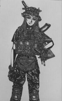 Rule 34 | 1girl, black gloves, body armor, bonnet, bordfunker133, bulletproof vest, camouflage, carrying over shoulder, digital camouflage, evgenia blinova, gloves, greyscale, highres, kalashnikov rifle, knee guards, mole, monochrome, narrowed eyes, original, over shoulder, photo (medium), russo-ukrainian war, short sleeves, simple background, smile, soldier, solo, tactical gloves, war in donbass, weapon, weapon over shoulder, white background