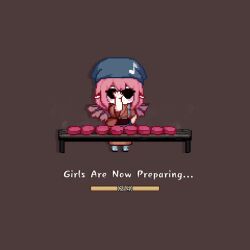1girl animal_ears animated apron bandana bird_ears bird_girl bird_wings blush brown_background cooking eighth_note english_text fire food game grill grilling hat headwrap hitting japanese_clothes knife loading_screen meat meme musical_note musical_note_print mystia_lorelei obi official_alternate_costume parody performance pink_hair pixel_art quaver salt salt_bae_(meme) sash screencap self-upload short_hair simple_background skirt skull_cap slippers socks sprinkling standing sunglasses suspenders tagme touhou touhou_mystia&#039;s_izakaya towel video wing_ornament wings youzikk