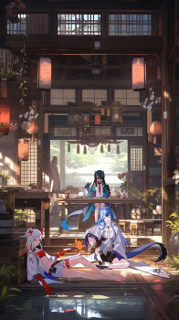 Rule 34 | 00kashian00, 1boy, 3girls, absurdres, arknights, blue hair, chair, commentary request, day, dragon girl, dragon horns, dragon tail, dusk (arknights), fire, flame-tipped tail, green hair, highres, holding, holding paintbrush, horns, indoors, lantern, ling (arknights), long hair, multiple girls, nian (arknights), old, old man, paintbrush, paper lantern, pond, scenery, shorts, siblings, sisters, sitting, sunlight, table, tail, white hair