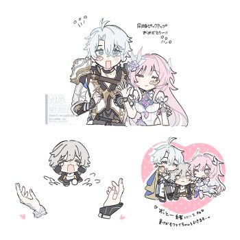 >_< 1girl 2boys antenna_hair armor bare_shoulders belt black_belt black_boots black_choker black_gloves black_jacket black_pants blue_cape blue_eyes blue_ribbon blush_stickers boots breasts caelus_(honkai:_star_rail) cape chest_belt chibi chibi_only choker clenched_hands closed_eyes closed_mouth commentary_request crossed_bangs crying cyrene_(demiurge)_(honkai:_star_rail) cyrene_(honkai:_star_rail) detached_sleeves dress flower flying_teardrops full_body gloves gradient_hair green_ribbon grey_hair grey_pants hair_between_eyes hair_flower hair_ornament hair_ribbon hand_up hands_up heart highres honkai:_star_rail honkai_(series) hood hooded_jacket hug jacket lapels long_hair long_sleeves medium_breasts mobius_strip multicolored_hair multicolored_ribbon multiple_boys multiple_views neck_tattoo one_eye_closed open_clothes open_jacket open_mouth pants phainon_(honkai:_star_rail) pink_hair pink_ribbon pointy_ears purple_eyes purple_flower ribbon running shirt short_hair short_sleeves shoulder_armor sidelocks simple_background single_glove sleeveless sleeveless_dress smile standing streaked_hair sun_symbol sun_tattoo t-shirt tan tattoo trailblazer_(honkai:_star_rail) two-sided_cape two-sided_fabric two-sided_jacket two-tone_hair upper_body v-shaped_eyebrows very_long_hair watermark white_background white_dress white_hair white_jacket white_shirt white_sleeves yellow_cape yellow_eyes yellow_jacket za0dnfkgyj12289