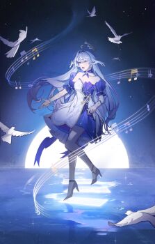 1girl bead_bracelet beads beamed_sixteenth_notes beamed_sixty-fourth_notes bird bracelet detached_sleeves dotted_whole_note dress flat_sign halo head_wings high_heels highres honkai:_star_rail honkai_(series) jewelry kwnce long_hair moon music musical_note musical_staff open_mouth purple_dress purple_hair purple_shoes purple_sleeves quarter_note robin_(honkai:_star_rail) shoes short_sleeves singing sixty-fourth_note solo strapless strapless_dress treble_clef very_long_hair water white_dress white_wings wings