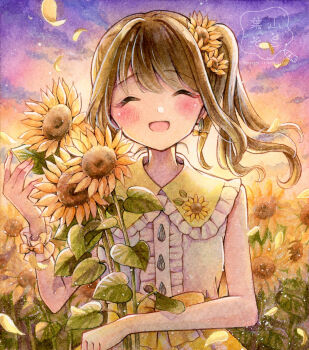 1girl ^_^ blush bow brown_hair center_frills closed_eyes collared_shirt commentary_request evening facing_viewer falling_petals field fingernails flower flower_field frilled_shirt frilled_shirt_collar frilled_wristband frills gradient_sky hair_flower hair_ornament hand_up hayamasora highres long_hair nail_polish open_mouth original outdoors painting_(medium) petals shirt side_ponytail sky smile solo straight-on sunflower sunflower_field swept_bangs traditional_media twitter_username upper_body watercolor_(medium) watermark white_shirt wrist_bow yellow_bow yellow_collar yellow_flower yellow_nails