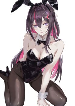 1girl absurdres animal_ear_hairband animal_ears azki_(hololive) black_bow black_bowtie black_hair black_leotard black_pantyhose black_shoes bow bowtie breasts cleavage colored_inner_hair covered_navel detached_collar dhbwinner fake_animal_ears hair_intakes hairband half_updo hashtag-only_commentary high_heels highleg highleg_leotard highres hololive leotard long_hair looking_at_viewer medium_breasts mole mole_under_eye multicolored_hair pantyhose pink_hair playboy_bunny purple_eyes rabbit_ear_hairband rabbit_ears shoes simple_background sitting solo strapless strapless_leotard streaked_hair traditional_bowtie very_long_hair virtual_youtuber white_background white_hair wrist_cuffs