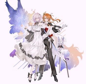 Rule 34 | 2girls, alternate costume, black gloves, black pants, black shoes, blush, closed mouth, commentary request, creature, crown, dancing, dress, fate/grand order, fate (series), floating hair, formal clothes, fou (fate), fujimaru ritsuka (female), gloves, high heels, highres, holding hands, kp3963, looking at another, mash kyrielight, mini crown, multiple girls, one eye closed, orange hair, pants, purple eyes, purple hair, shoes, side ponytail, smile, suit, white dress, white gloves, yellow eyes