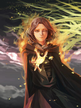 Rule 34 | 1girl, absurdres, aura, black cape, black dress, brooch, brown hair, cape, closed mouth, commentary, cowboy shot, dress, elden ring, embers, english commentary, erdtree (elden ring), highres, jewelry, looking at viewer, melina (elden ring), nathyn alizee, one eye closed, open hand, outdoors, outstretched arm, reaching, reaching towards viewer, short hair, solo, tree, yellow eyes