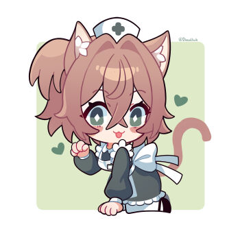 Rule 34 | 1girl, :3, all fours, animal ear fluff, animal ears, apron, blush stickers, brown hair, cat ears, cat girl, cat tail, chibi, chibi only, commentary request, crossed bangs, diamond-shaped pupils, diamond (shape), dieselhuh, double-parted bangs, dress, full body, green dress, green eyes, hair between eyes, hand up, hat, heart, highres, indie virtual youtuber, kemonomimi mode, long sleeves, looking at viewer, nimi nightmare, nurse, nurse cap, one side up, open mouth, paw pose, short hair, smile, solo, symbol-shaped pupils, tail, virtual youtuber, white apron, white hat