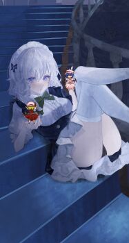 3girls absurdres bat_wings black_dress black_panties blonde_hair blue_eyes blue_hair breasts closed_mouth commentary_request crystal_wings dress flandre_scarlet frills hat highres izayoi_sakuya legs_up looking_at_viewer lying maid medium_breasts minamo_kyoka mini_person mob_cap multiple_girls on_back on_stairs panties pink_dress red_dress remilia_scarlet shirt stairs thighhighs touhou underwear white_hair white_shirt white_thighhighs wings