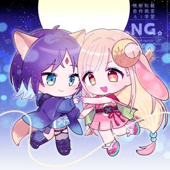 2girls :d aguri_(aaa_guwo) animal_ears blonde_hair blue_background chibi chibi_only cho_kaguya-hime! commentary_request crescent crescent_hair_ornament forehead_jewel fox_ears fox_tail full_moon gradient_background green_eyes hair_ornament holding_hands japanese_clothes kaguya_(cho_kaguya-hime!) kimono long_hair looking_at_another lop_rabbit_ears low-tied_long_hair moon multiple_girls open_mouth purple_hair rabbit_ears red_kimono sakayori_iroha short_hair smile standing standing_on_one_leg tail v very_long_hair