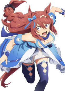 Rule 34 | 1girl, absurdres, animal ears, bag, blue bag, blue dress, blue eyes, blue scarf, blue thighhighs, bow, braid, braided ponytail, breasts, brown hair, cleavage, cygames, dress, ear bow, fukumoto yousuke, hair between eyes, highres, horse ears, horse girl, horse tail, large breasts, long hair, looking to the side, multicolored hair, official art, open mouth, scarf, shoulder bag, solo, streaked hair, super creek (murmuring stream) (umamusume), super creek (umamusume), tail, teeth, thighhighs, umamusume, umamusume: cinderella gray, white background, white hair