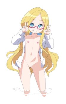 Rule 34 | 1girl, absurdres, blonde hair, blsh (blshwrks), blue eyes, blush, cleft of venus, collarbone, double v, female focus, flat chest, gelbooru, gelbooru-tan, glasses, gluteal fold, grin, hands up, happy, highres, hood, hoodie, ixy (style), jacket, long hair, long sleeves, looking at viewer, naked hoodie, naked jacket, navel, nipples, open clothes, open jacket, pink-framed eyewear, pussy, semi-rimless eyewear, shiny skin, simple background, smile, solo, standing, stomach, straight-on, teeth, v, very long hair, wading, water, white background, white jacket