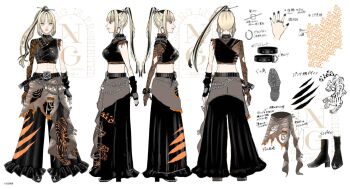 1girl aqua_eyes bell-bottoms belt black_belt black_boots black_collar black_hair black_nails black_pants blonde_hair blunt_bangs boots braid chain chain_necklace collar commentary_request copyright_name cropped_shirt curtained_hair earrings frilled_pants frills full_body gloved_sleeves high_heel_boots high_heels high_ponytail highres hololive hololive_dev_is hoop_earrings jewelry koganei_niko koganei_niko_(flowglow_uniform) long_hair midriff multicolored_hair multiple_views nail_polish necklace nowri official_alternate_costume official_alternate_hairstyle orange_shirt pants pointing_out_the_details ponytail reference_sheet shirt simple_background single_sleeve solo streaked_hair translation_request turnaround virtual_youtuber wallet_chain watermark white_background