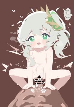 1boy 1girl asymmetrical_hair bar_censor blush censored commentary_request completely_nude cowgirl_position cross-shaped_pupils cum cum_in_pussy cum_overflow flat_chest genshin_impact girl_on_top green_eyes green_hair grey_hair hair_ornament hetero highres leaf_hair_ornament loli multicolored_hair nahida_(genshin_impact) navel nipples no_lineart nude open_mouth penis pointy_ears pov pussy sex side_ponytail solo_focus sound_effects spread_legs stomach_bulge straddling streaked_hair symbol-shaped_pupils two-tone_hair vaginal zeru_(wisel_army)