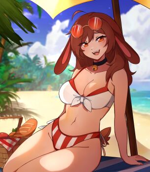 Rule 34 | 1girl, ahoge, animal ears, arm support, baguette, beach, beach umbrella, bell, black choker, blanket, blurry, blurry background, bread, breasts, brown-framed eyewear, brown eyes, brown hair, choker, cleavage, commentary, english commentary, eyewear on head, fangs, food, highres, large breasts, long hair, navel, neck bell, orange-tinted eyewear, original, outdoors, picnic basket, rabbit ears, rabbit girl, rabbit tail, red nails, round eyewear, rukiadaichi, sitting, solo, tail, teeth, tinted eyewear, tongue, umbrella