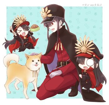 >_< 1boy :d :p belt black_cape black_footwear black_hair black_hat black_jacket black_pants blank_eyes blue_background bone bone_print border bowl brown_belt brown_footwear cape center-flap_bangs collared_cape crest family_crest fate/grand_order fate_(series) fiery_hair full_body gloves grey_gloves hair_between_eyes hand_on_lap hat headpat holding holding_bone jacket jodhpurs keikenchi_(style) kepi kneeling koha-ace loafers long_hair long_sleeves looking_at_animal low_ponytail male_focus medallion military_hat military_jacket military_uniform mini_nobu_(fate) oda_nobukatsu_(fate) oda_nobunaga_(fate) oda_uri one_eye_covered open_mouth outside_border pants patterned_background patting paw_print paw_print_background peaked_cap pet_bowl pet_food ponytail popped_collar red_eyes red_jacket red_pants shiba_inu shoes sidelocks smile teramoto_kei tongue tongue_out twitter_username very_long_hair white_border