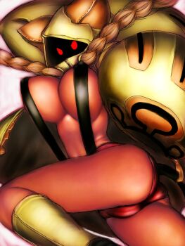 1girl animal_ears animal_hood arc_system_works ass blazblue blonde_hair bouncing braid breasts cat cat_ears cat_hood cat_tail cleavage covered_erect_nipples dark-skinned_female dark_skin female_focus fumio_(rsqkr) hood huge_breasts long_hair looking_back red_eyes sketch slingshot_swimsuit solo suspenders swimsuit tail taokaka twin_braids underboob