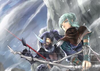 2girls black_capelet black_gloves blue_nails bow bow_(weapon) bracer breasts capelet cleavage day gloves green_eyes green_hair holding holding_bow_(weapon) holding_weapon horns ironi_matilda medium_breasts multiple_girls nyaasora outdoors pixiv_fantasia pixiv_fantasia_last_saga ponytail red_eyes single_horn snowing vermelia weapon