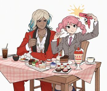 1boy 1girl black_eyes blonde_hair blue_hair blue_socks blush_stickers braid breasts brother_and_sister cellphone chair colored_tips commentary dark-skinned_male dark_skin drink flip_phone food fork gatan666 gouenji_shuuya gouenji_yuuka grey_jacket hand_up highres ice_cream inazuma_eleven_(series) inazuma_eleven_go jacket jewelry long_hair multicolored_hair necklace necktie open_clothes open_jacket pants phone pink_hair pink_necktie red_jacket red_pants selfie shirt siblings sitting skirt small_breasts smile socks spoon sweets table tan thumbs_up twin_braids v white_background white_shirt