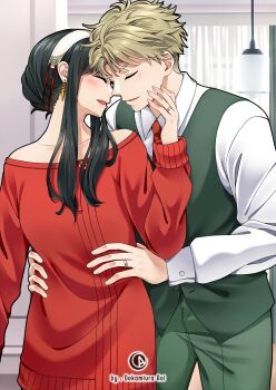 1boy 1girl bare_shoulders black_hair blush breasts dress earrings formal_clothes gold_earrings green_suit hairband highres husband_and_wife jewelry large_breasts long_hair ookamiura_aoi open_mouth red_sweater shirt short_hair sidelocks smile spy_x_family suit sweater twilight_(spy_x_family) two-sided_dress two-sided_fabric white_hairband yor_briar