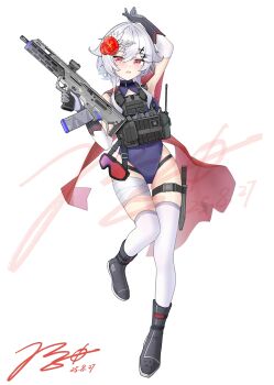 1girl absurdres ammunition_pouch arm_up armpits assault_rifle bandaged_leg bandages black_gloves boots breasts buckle bulletproof_vest bullpup cape chinese_commentary clothes_writing commentary_request covered_navel dated fb_msbs_grot feather_hair_ornament feathers flower flower_request full_body gloves goggles grey_boots gun hair_flower hair_ornament highres holster jerry_wang knife knife_sheath leotard load_bearing_vest magazine_(weapon) medium_hair open_mouth optical_sight original pouch purple_leotard red-tinted_eyewear red_cape rifle sheath sidelocks signature simple_background skindentation small_breasts snap-fit_buckle solo standing tactical_clothes thigh_holster thigh_strap thighhighs tinted_eyewear trigger_discipline unworn_goggles walkie-talkie watermark weapon white_background white_hair white_thighhighs x_hair_ornament zettai_ryouiki