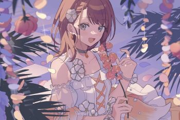 1girl bare_shoulders beads blurry bracelet braid breasts brown_hair collarbone color_of_myself!_(project_sekai) colored_eyelashes cross-laced_clothes cross-laced_dress depth_of_field detached_sleeves dot_nose dress earrings eyelashes fingernails flower flower_bracelet flower_request frilled_dress frilled_sleeves frills gem grey_eyes hair_behind_ear hair_flower hair_ornament hair_strand hanasato_minori hands_up happy highres holding holding_flower jewelry lavender_(flower) light_blush looking_at_viewer medium_hair moo_n_moko neck_ring official_alternate_costume open_mouth orange_dress orange_flower palm_leaf pearl_(gemstone) pearl_bracelet petals pleated_sleeves project_sekai puffy_short_sleeves puffy_sleeves purple_background purple_flower see-through_clothes see-through_sleeves short_sleeves sidelighting sideways_glance simple_background sleeveless sleeveless_dress small_breasts solo string swept_bangs two-tone_dress upper_body white_dress