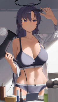 1girl :/ absurdres black_halo blue_archive blush breasts buruma cleavage clock commentary cosmetics drying drying_hair drying_own_hair hair_dryer halo highres holding holding_hair_dryer large_breasts long_hair mm_(mhm2592) navel purple_buruma purple_eyes purple_hair purple_sports_bra solo sports_bra stomach sweatdrop underwear v-shaped_eyebrows wall_clock yuuka_(blue_archive)