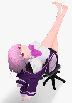 1girl a_(c3einycggcevevf) absurdres bare_legs barefoot black_skirt bow bowtie breasts chair closed_mouth collared_shirt commentary english_commentary gridman_universe happy_birthday highres jacket large_breasts long_sleeves looking_at_viewer on_chair partially_unzipped pleated_skirt purple_bow purple_bowtie purple_hair purple_jacket red_eyes school_uniform shinjou_akane shirt short_hair sitting skirt sleeves_past_wrists smile solo ssss.gridman stretching swivel_chair white_background white_shirt