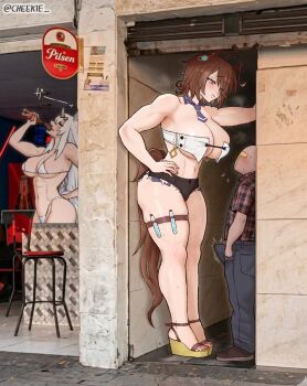 1boy 2girls abs agnes_tachyon_(umamusume) ahoge animal_ears black_shorts bottle breasts brown_hair bulge cheekie drinking erection erection_under_clothes going_to_colombia_for_the_food_and_culture_(meme) highres holding holding_bottle horse_ears horse_girl horse_tail large_breasts long_hair looking_at_another looking_down looking_up meme multiple_girls navel oguri_cap_(umamusume) plaid_clothes plaid_shirt shirt short_hair shorts standing t-head_trainer_(umamusume) tail tall_female trainer_(umamusume) umamusume white_hair