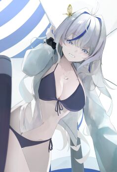 1girl ahoge aokumo_rin beach_umbrella bikini black_bikini black_scrunchie blue_eyes blue_hair blue_streaks blush breasts butterfly_hair_ornament colored_eyelashes commentary_request from_below front-tie_bikini_top front-tie_top grin hair_intakes hair_ornament highres jacket jageunson jewelry korean_commentary large_breasts leaning_forward long_hair long_sleeves looking_at_viewer multicolored_hair navel necklace open_clothes open_jacket pale_skin scrunchie see-through_clothes see-through_jacket side-tie_bikini_bottom smile solo stellive streaked_hair swimsuit umbrella very_long_hair virtual_youtuber white_eyelashes white_hair wrist_scrunchie zipper_pull_tab