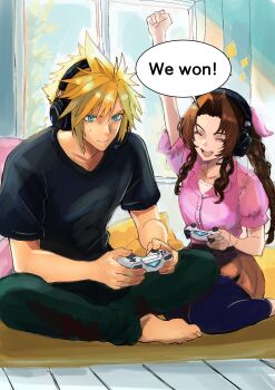 1boy 1girl absurdres aerith_gainsborough alternate_costume aqua_eyes barefoot black_pants black_shirt blonde_hair blue_leggings braid braided_ponytail breasts brown_hair casual closed_eyes cloud_strife collared_shirt contemporary controller english_text final_fantasy final_fantasy_vii full_body game_controller hair_between_eyes hair_ribbon headphones highres holding holding_controller holding_game_controller indian_style kneeling leggings long_hair medium_breasts open_mouth orange_skirt pants parted_bangs pink_ribbon pink_shirt playing_games puffy_short_sleeves puffy_sleeves raised_fist ribbon rino_han shirt short_hair short_sleeves sidelocks single_braid sitting skirt smile speech_bubble spiked_hair sweatdrop t-shirt