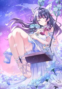 1girl absurdres bare_shoulders barefoot black_hair breasts chinese_commentary closed_mouth columbina_(genshin_impact) commentary_request dress feet flower full_body genshin_impact gradient_hair hair_ornament highres holding long_hair looking_at_viewer low-tied_sidelocks multicolored_hair pink_hair purple_eyes purple_hair sidelocks sitting sky smile solo streaked_hair swing toes white_dress wing_hair_ornament x_hair_ornament zhishi_xianshuiya