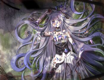 1girl blood broken broken_arm cracked_skin crystal dress gem grey_hair highres hoarah_lux hololive hololive_english koseki_bijou koseki_bijou_(1st_costume) long_hair lying on_back parted_lips purple_eyes severed_arm severed_limb shards solo very_long_hair virtual_youtuber