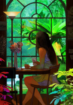 Rule 34 | 1girl, bare shoulders, black hair, bouquet, chair, cup, dress, facing away, flower, glass, holding, holding cup, lamp, long hair, original, paper, plant, sitting, sleeveless, sleeveless dress, solo, table, tahra, watch, white dress, window, wristwatch