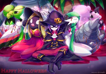 Rule 34 | 1boy, 2girls, arms at sides, artist name, ascot, black boots, black coat, black eyes, black hat, black skin, blonde hair, blurry, bob cut, boots, bow, breasts, bronzong, buttons, closed eyes, closed mouth, coat, colored skin, constricted pupils, covered eyes, dated, depth of field, domino mask, double-breasted, dress, english text, exeggutor, eye mask, facing viewer, fold-over boots, from side, full body, gardevoir, gen 1 pokemon, gen 2 pokemon, gen 3 pokemon, gen 4 pokemon, gold trim, green hair, green skin, grumpig, halloween, hand up, happy, happy halloween, hat, hat bow, hat ornament, high heels, indian style, jynx, knee boots, leaning forward, lips, long dress, long hair, long sleeves, looking at viewer, medium breasts, multicolored skin, multiple girls, nintendo, outline, pants, pokemon, pokemon (creature), pokemon masters ex, profile, purple hair, purple outline, ratowa, red dress, red pants, red shirt, shirt, short hair, sidelocks, sitting, slowbro, smile, twitter username, two-tone skin, u u, watermark, white ascot, white bow, white skin, will (pokemon), witch hat, xatu