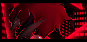 1other animal_ears backlighting big_hair black_fur black_hair blue_eyes blurry blurry_background body_fur city closed_mouth colored_tips eye_trail furry gen_5_pokemon grey_fur hair_ornament happy highres iogi_(iogi_k) letterboxed light_trail long_hair looking_at_viewer multicolored_hair neck_fur night nintendo other_focus outdoors pokemon pokemon_(creature) red_hair red_theme smile snout solo sphere_hair_ornament two-tone_fur two-tone_hair upper_body wolf_ears zoroark