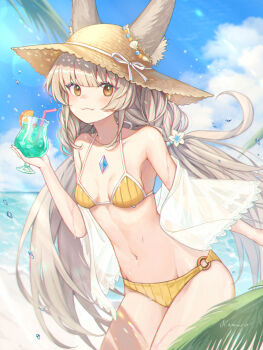 1girl :3 animal_ears beach bikini blush breasts cherry chest_jewel cloud cloudy_sky collarbone cup day drink ears_through_headwear facial_mark fang food fruit hat highres holding holding_cup liquid long_hair looking_at_viewer navel nia_(blade)_(xenoblade) nia_(xenoblade) o-ring o-ring_bikini o-ring_bottom ocean outdoors remaco sand see-through_clothes signature sky small_breasts stomach straw_hat sun_hat sun_hat_ornament swimsuit very_long_hair water wet xenoblade_chronicles_(series) xenoblade_chronicles_2 yellow_bikini yellow_eyes