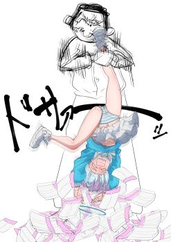 1boy 1girl absurdres arona_(blue_archive) blue_archive blue_hair blue_shirt bow_hairband braid colored_inner_hair commentary_request doodle_sensei_(blue_archive) envelope gacha_(game_mechanic) hair_over_one_eye hairband highres kirisame0729 long_sleeves miniskirt multicolored_hair open_mouth panties pink_hair sailor_collar school_uniform sensei_(blue_archive) shaking shirt short_hair single_braid skirt striped_clothes striped_panties underwear upside-down white_hairband white_sailor_collar white_skirt