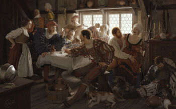 3girls 6+boys armor beard beret blonde_hair brown_dress brown_hair candle card chainmail chest_hair commentary cross dog dress drinking drunk english_commentary facial_hair halberd hand_on_another&#039;s_waist hat hat_feather highres indoors instrument jar landsknecht laughing long_sleeves lute_(instrument) medieval mercenary mob_cap mouse_(animal) multiple_boys multiple_girls music mustache nils_wadensten open_mouth original playing_card playing_instrument polearm puff_and_slash_sleeves puffy_long_sleeves puffy_sleeves realistic shirt short_hair sitting sitting_on_lap sitting_on_person smile striped_clothes sword table tavern vertical-striped_clothes weapon white_shirt