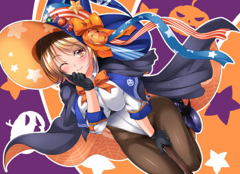 Rule 34 | 1girl, asanuma katsuaki, black cape, black gloves, black pantyhose, blue hat, breasts, broom, brown eyes, brown hair, candy hat ornament, cape, commentary request, gloves, halloween, halloween costume, hat, highleg, highleg leotard, highres, jack-o'-lantern print, kantai collection, leotard, looking at viewer, orange background, orange cape, pantyhose, pumpkin print, purple background, richard p. leary (halloween) (kancolle), richard p. leary (kancolle), short hair, sleeved leotard, star (symbol), two-sided cape, two-sided fabric, white leotard, witch hat